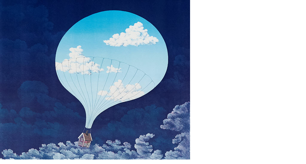 Billede af en luftballon, der stger til vejrs - farverne på ballonen er som blå himmel med hviide skyer og illustrerer håb