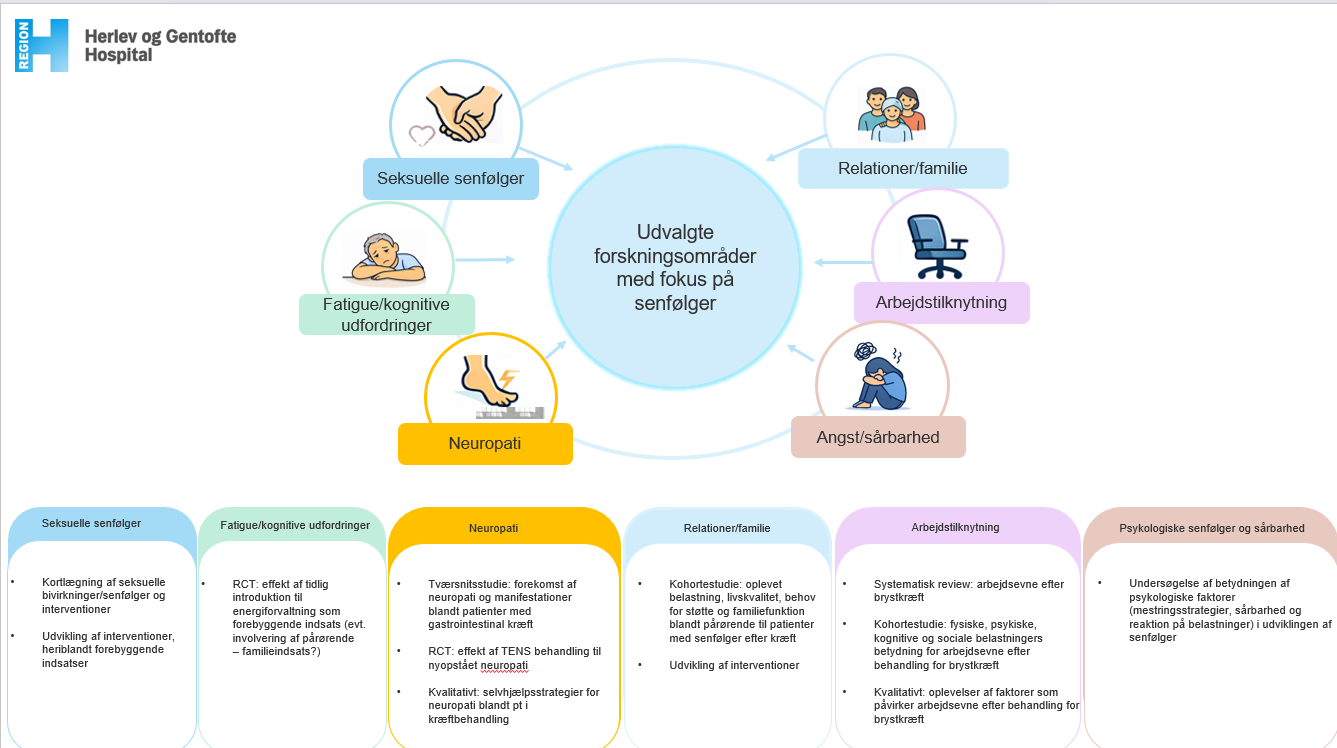 ​Strategien for videnscenterets forskningsindsats de kommende år har blandt andet fokus på :Seksuelle senfølger, fatique og kognitive udfordringer, neuropati, relationer og familie, arbejdstilknytning, angst og sårbarhed. 