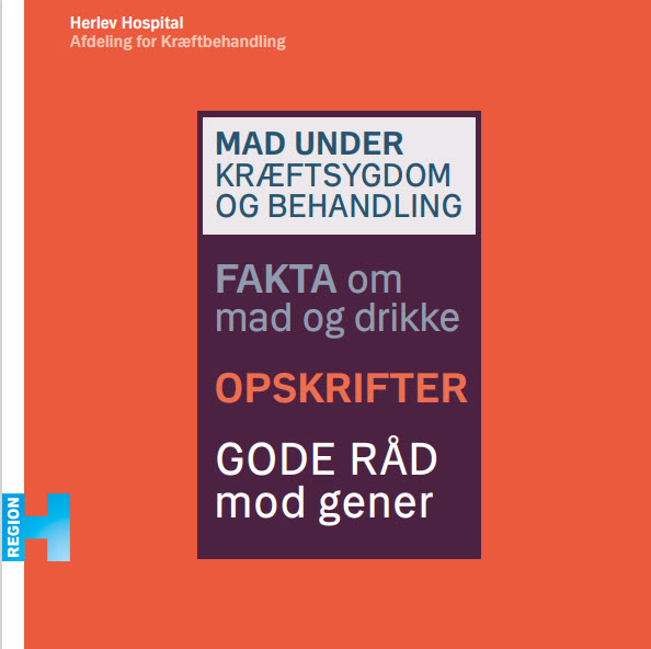 Billedet her er et link og forsiden til bogen: Mad under Kræftsygdom og behandling, hvor man kan læse om Fakta om mad og drikke, opskrifter og gode råd mod gener