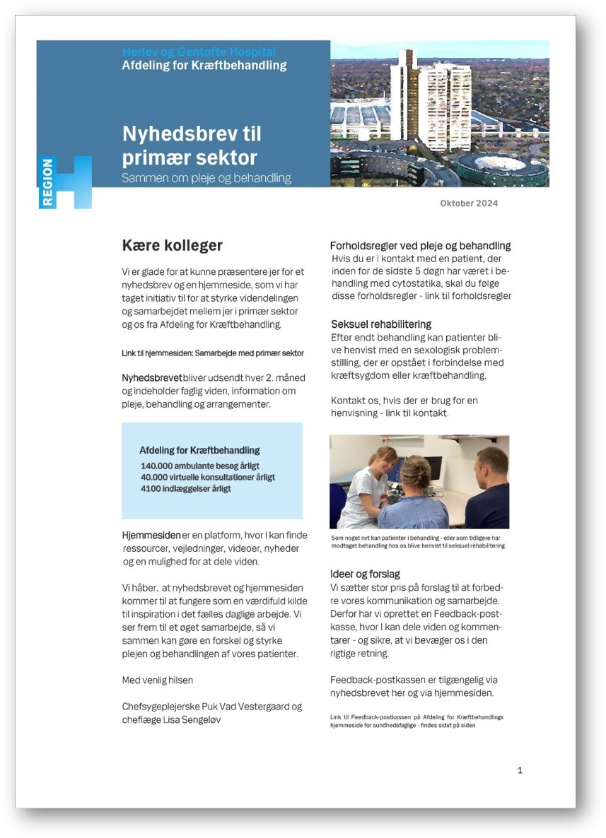 Billedet her viser afdelingens nye nyhedsbrev til primærsektor - i dette nyhedsbrev præsenteres hjemmesiden, og vi fortæller om forskellige tilbud og muligheder, herunder seksuel rehabilitering, feedback-postkassen på afdelingen med mere.