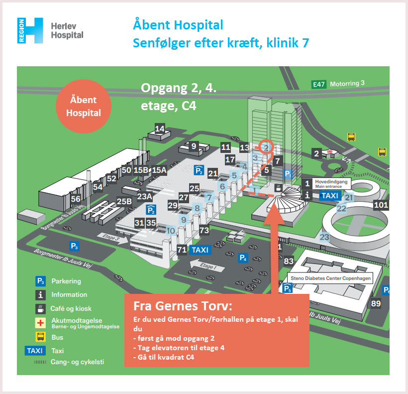 sådan finder du senfølger efter kræft klinik 7: - Fra Gernes Torv: Er du ved Gernes Torv/Forhallen på etage 1, skal du først gå mod opgang 2 - Tag elevatoren til etage 4 - Gå til kvadrat C4