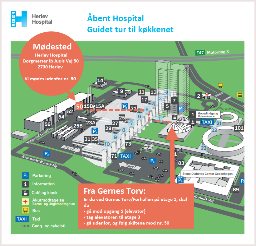 Er du ved Gernes Torv/forhallen på etage 1, skal du gå mod opgag 5 (elevator), tage elevatoren til etage 3, gå udenfor og følge skiltningen med nr 50.